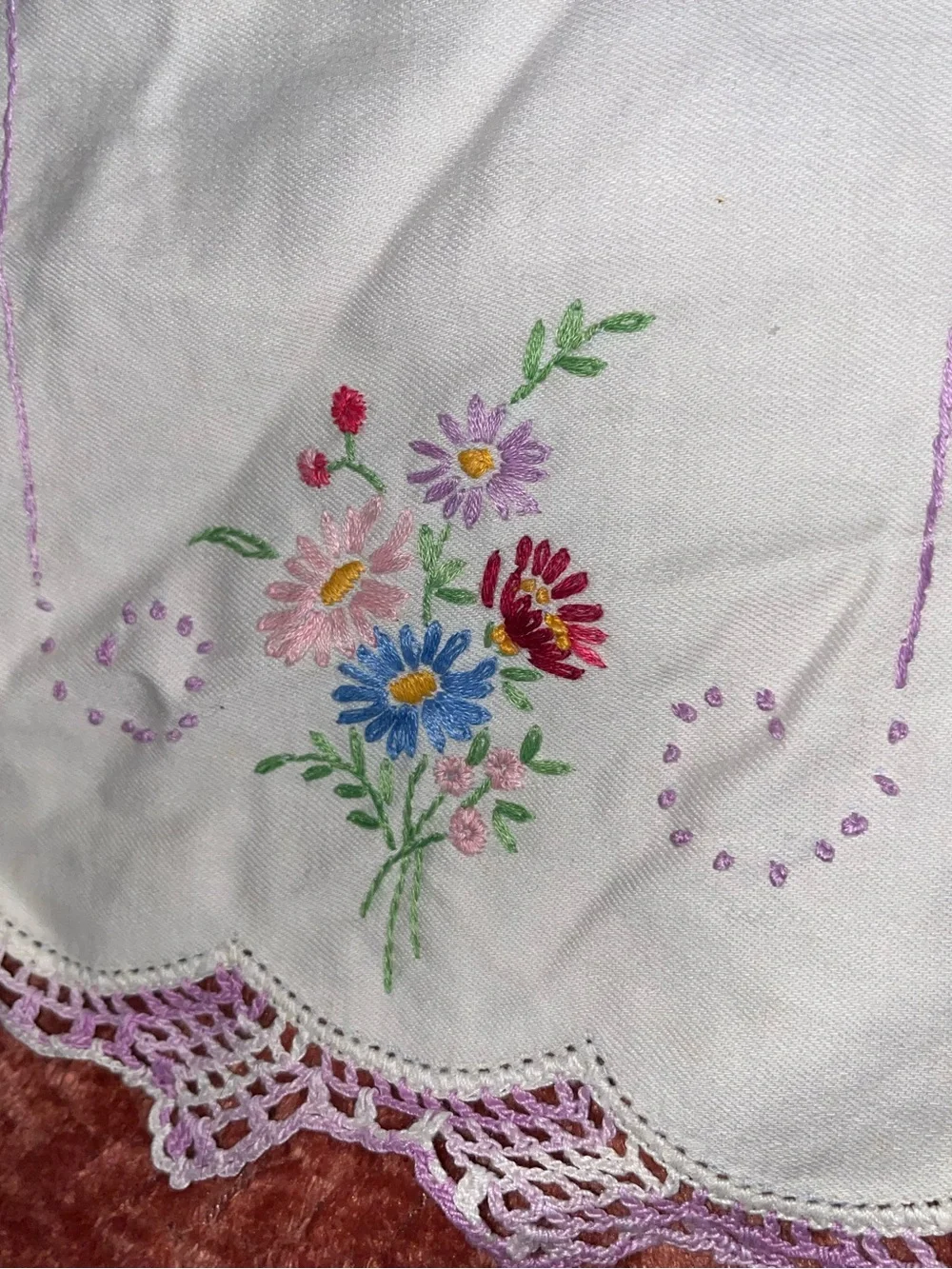 2 Vintage Embroidered Floral Doilies with Lavender Crochet Edge.